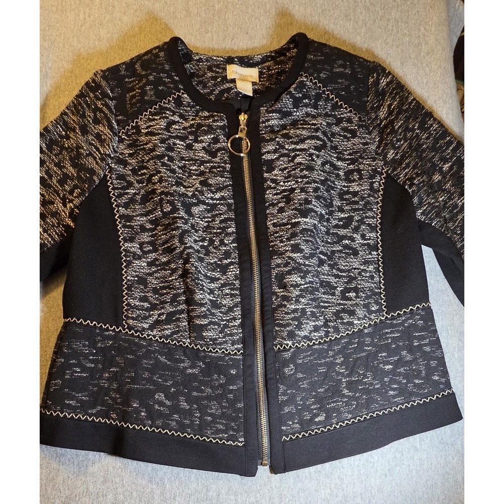 Chicos Size 1P Pieced Jacquard Jacket Black White Gold